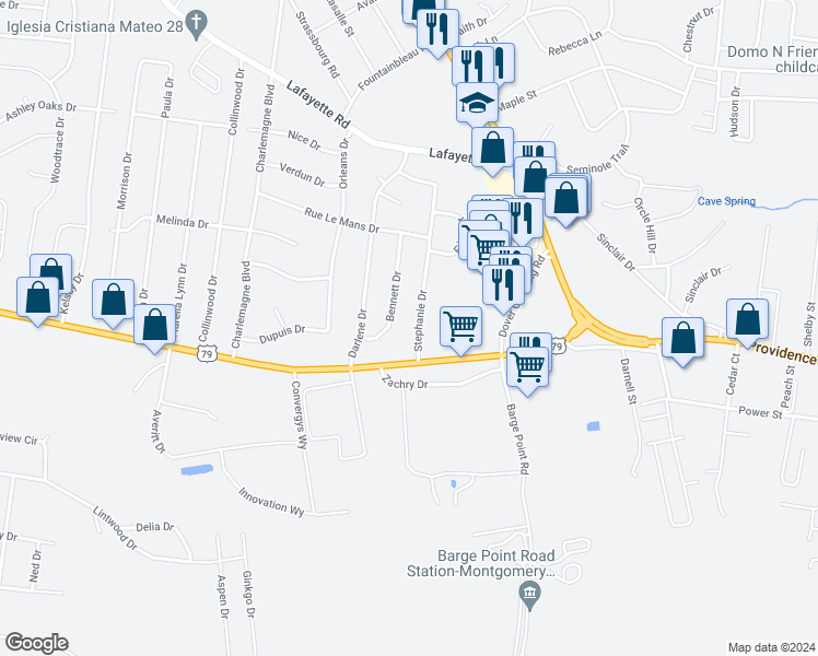map of restaurants, bars, coffee shops, grocery stores, and more near 121 Stephanie Drive in Clarksville