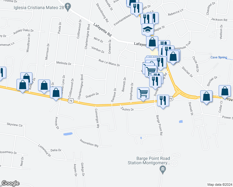 map of restaurants, bars, coffee shops, grocery stores, and more near 120 Bennett Drive in Clarksville