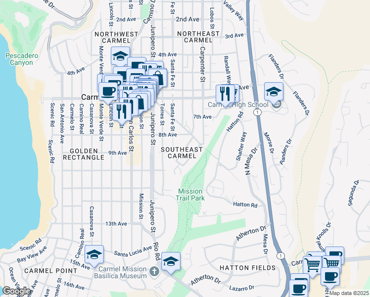 map of restaurants, bars, coffee shops, grocery stores, and more near 2 Vizcaino Avenue in Carmel-by-the-Sea