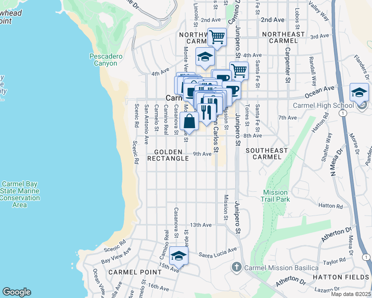 map of restaurants, bars, coffee shops, grocery stores, and more near Monte Verde Street in Carmel-by-the-Sea