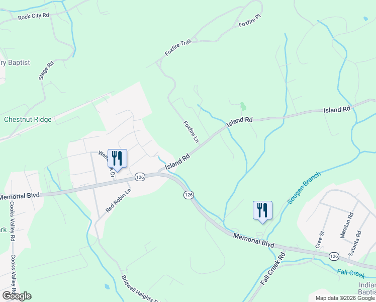 map of restaurants, bars, coffee shops, grocery stores, and more near 177 Island Road in Kingsport