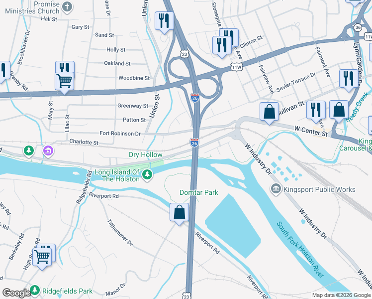 map of restaurants, bars, coffee shops, grocery stores, and more near 1822 Netherland Inn Road in Kingsport