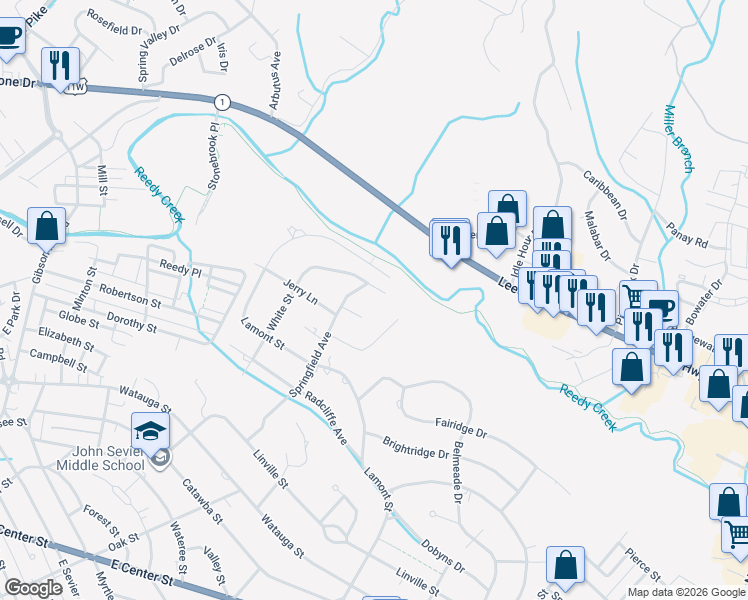 map of restaurants, bars, coffee shops, grocery stores, and more near 2245 Lamont Street in Kingsport