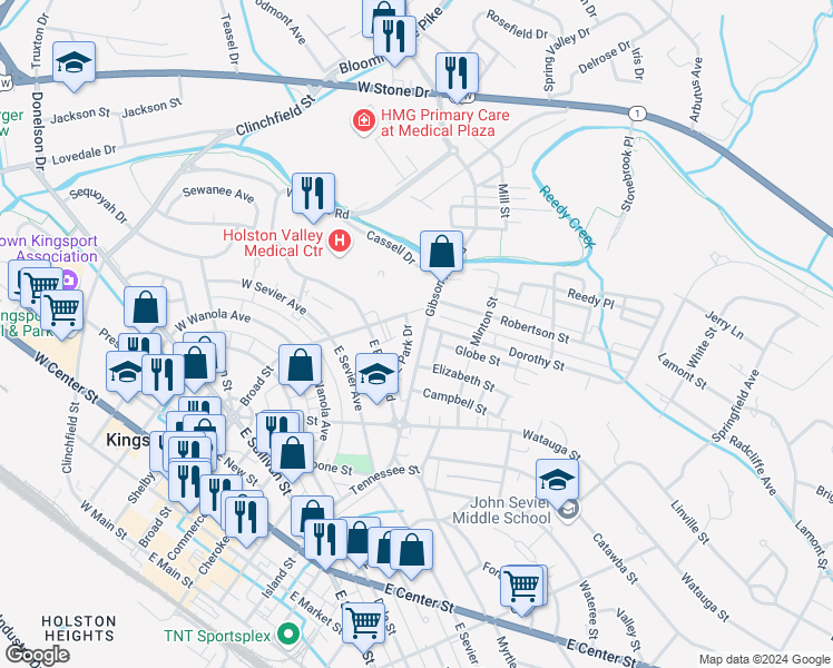 map of restaurants, bars, coffee shops, grocery stores, and more near 941 Broad Street in Kingsport