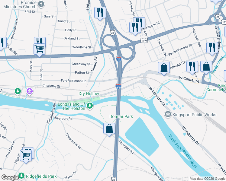 map of restaurants, bars, coffee shops, grocery stores, and more near 1822 Netherland Inn Road in Kingsport