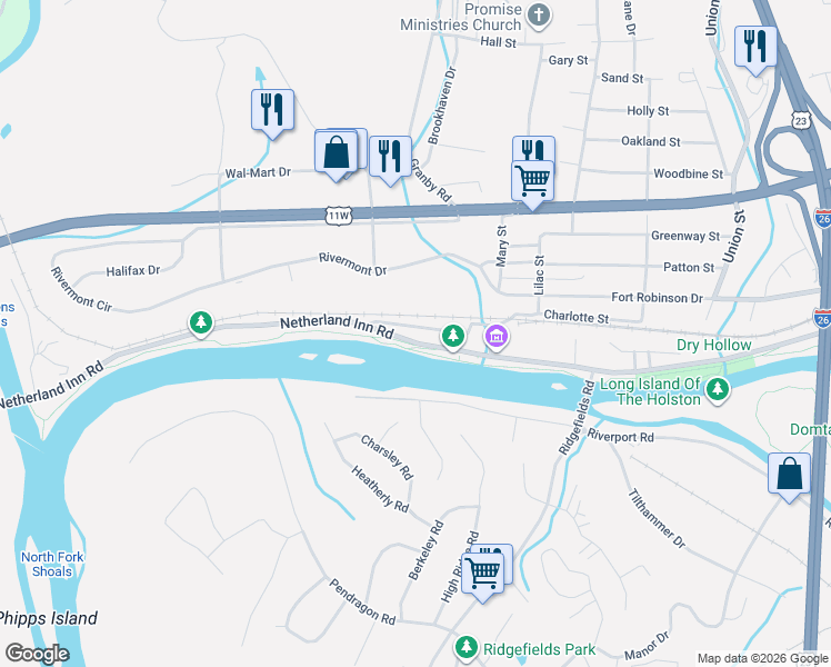 map of restaurants, bars, coffee shops, grocery stores, and more near 2248 Netherland Inn Road in Kingsport