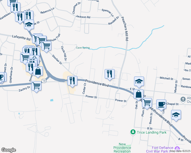 map of restaurants, bars, coffee shops, grocery stores, and more near 109 Adkins Street in Clarksville