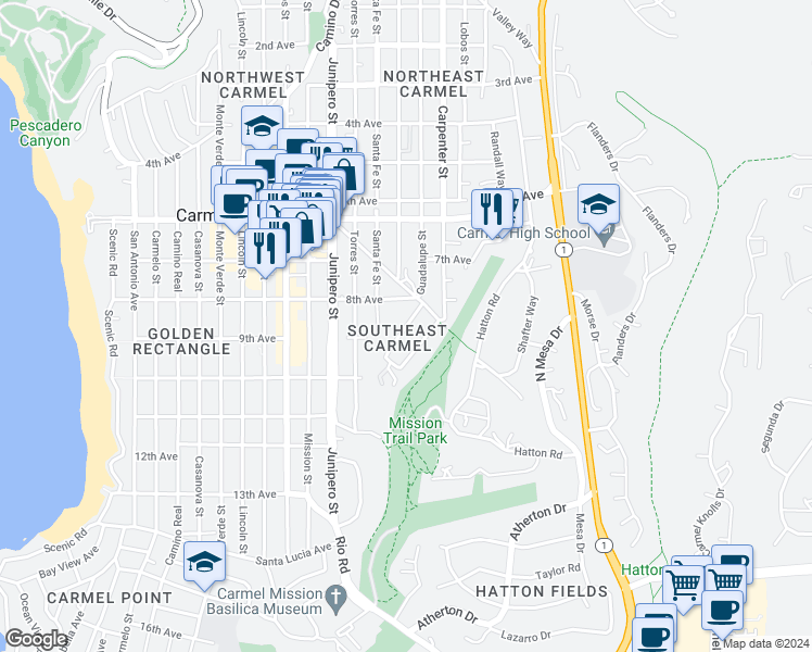 map of restaurants, bars, coffee shops, grocery stores, and more near Vizcaino Avenue in Carmel-by-the-Sea