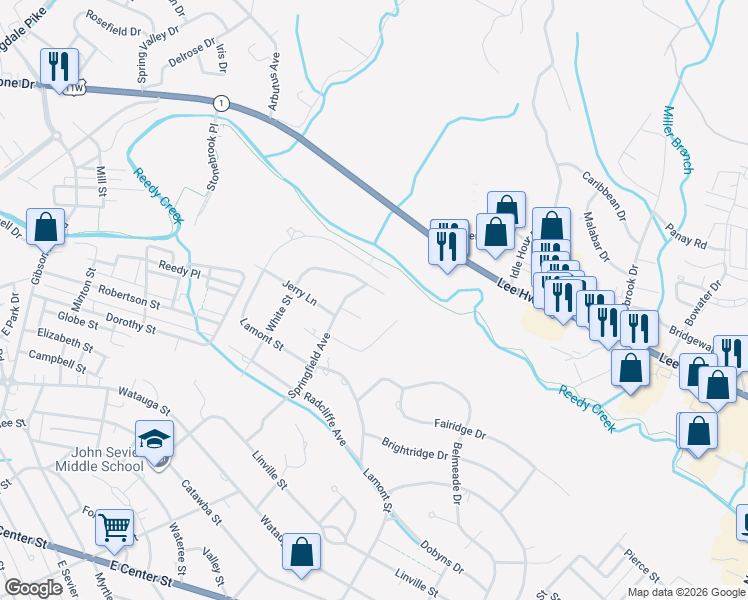 map of restaurants, bars, coffee shops, grocery stores, and more near 2245 Lamont Street in Kingsport