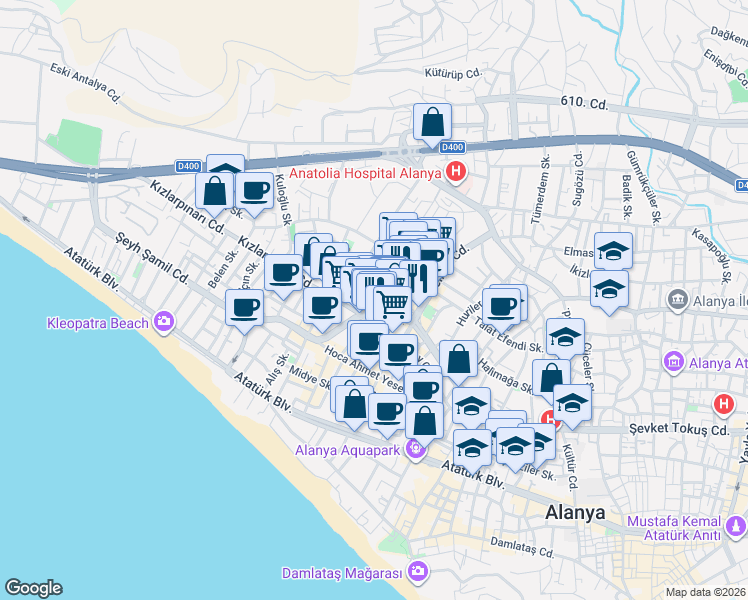 map of restaurants, bars, coffee shops, grocery stores, and more near 2 Güzeloğlu Sokak in Alanya