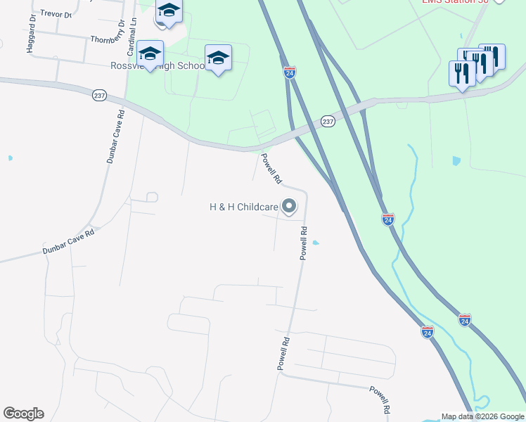 map of restaurants, bars, coffee shops, grocery stores, and more near 1704 Powell Road in Clarksville