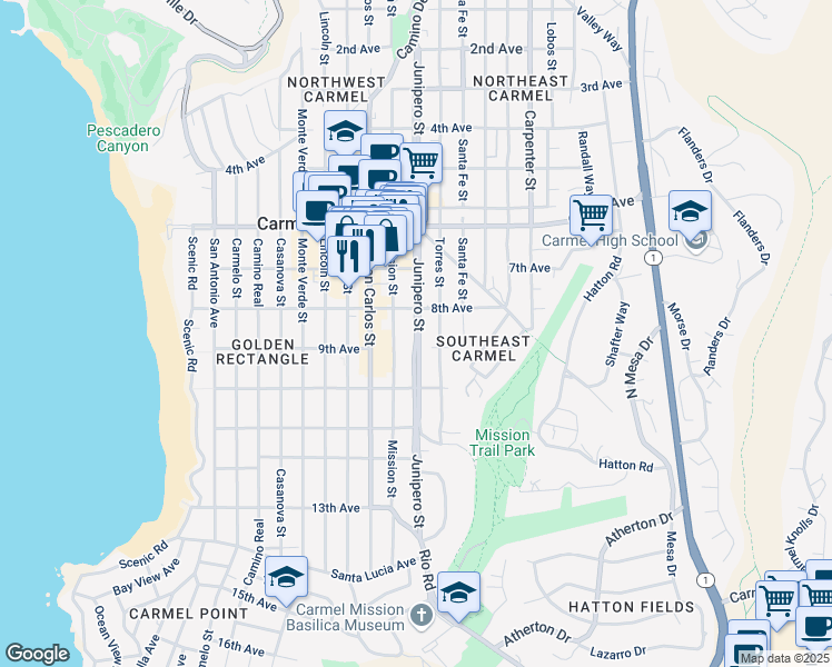 map of restaurants, bars, coffee shops, grocery stores, and more near 11 Junipero Street in Carmel-by-the-Sea