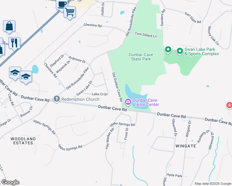 map of restaurants, bars, coffee shops, grocery stores, and more near 332 Old Dunbar Cave Road in Clarksville