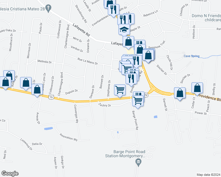 map of restaurants, bars, coffee shops, grocery stores, and more near 121 Stephanie Drive in Clarksville