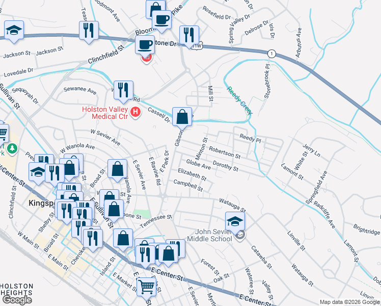 map of restaurants, bars, coffee shops, grocery stores, and more near 926 Dorothy Street in Kingsport