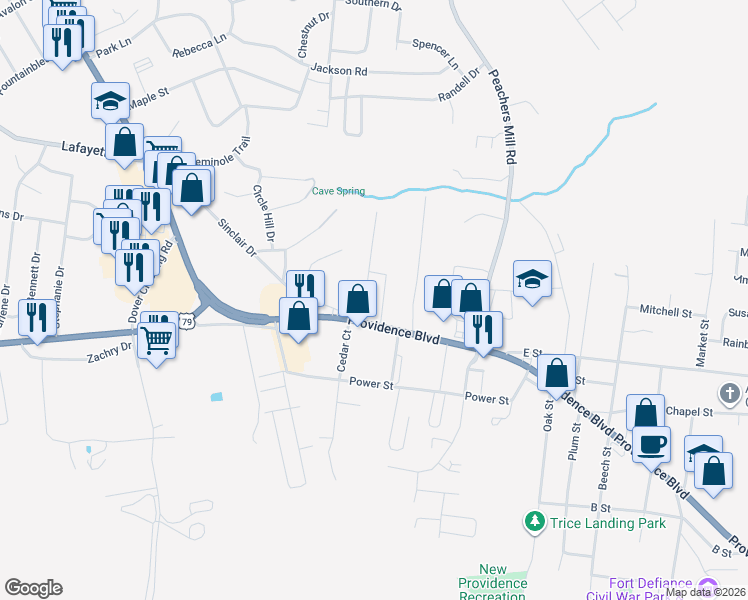map of restaurants, bars, coffee shops, grocery stores, and more near 109 Adkins Street in Clarksville