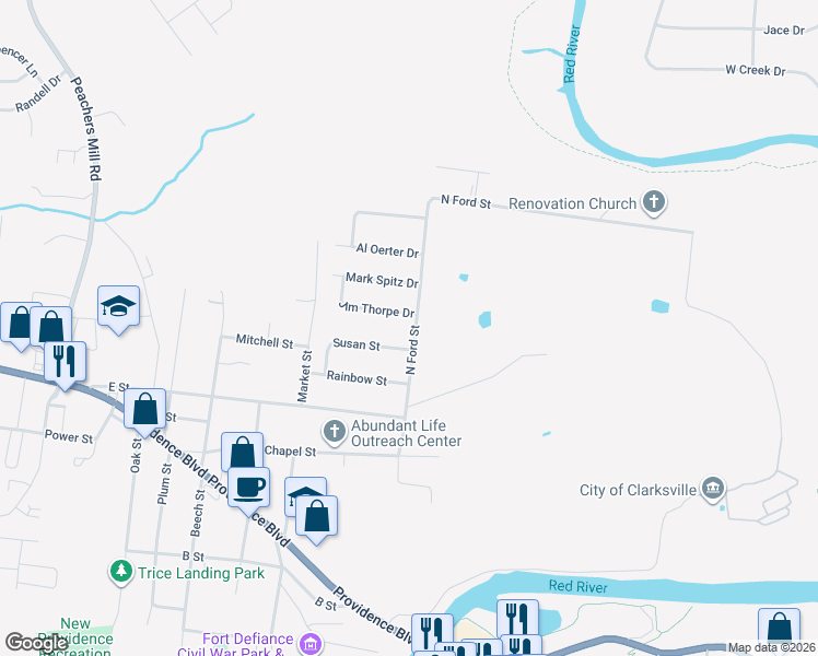 map of restaurants, bars, coffee shops, grocery stores, and more near 2340 North Ford Street in Clarksville