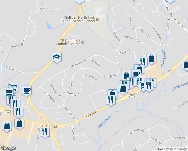 map of restaurants, bars, coffee shops, grocery stores, and more near 2612 Brighton Court in Kingsport