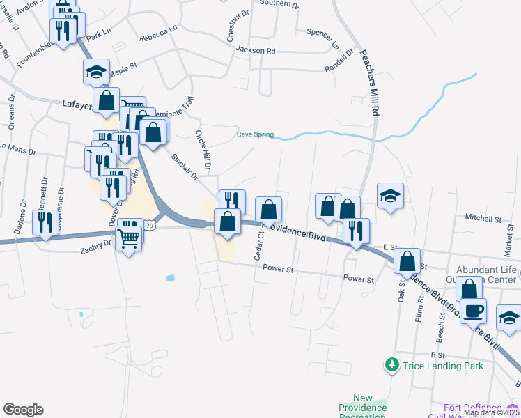 map of restaurants, bars, coffee shops, grocery stores, and more near 907 Providence Blvd in Clarksville
