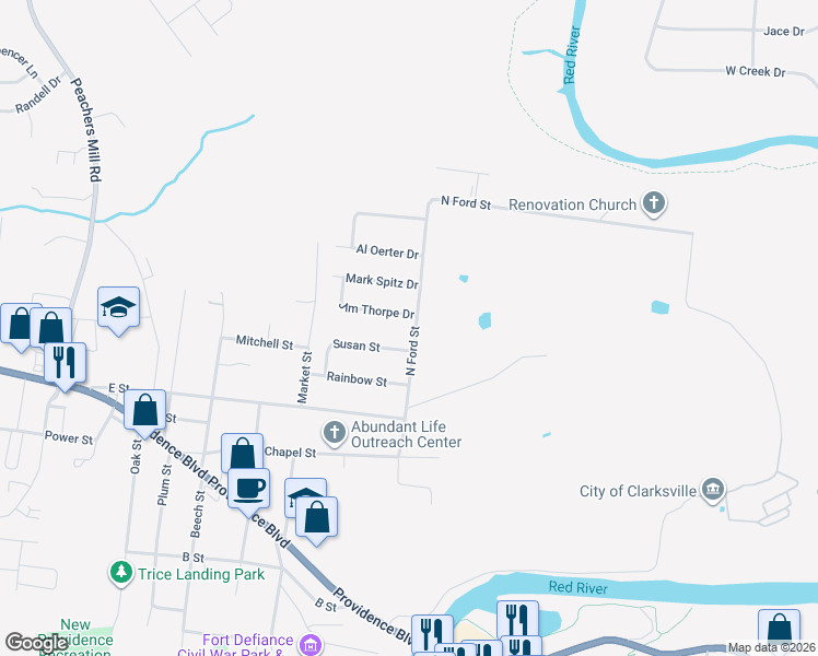 map of restaurants, bars, coffee shops, grocery stores, and more near 2340 North Ford Street in Clarksville