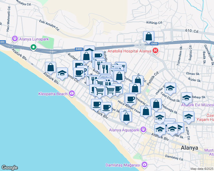 map of restaurants, bars, coffee shops, grocery stores, and more near 9 Tatış Sokak in Alanya