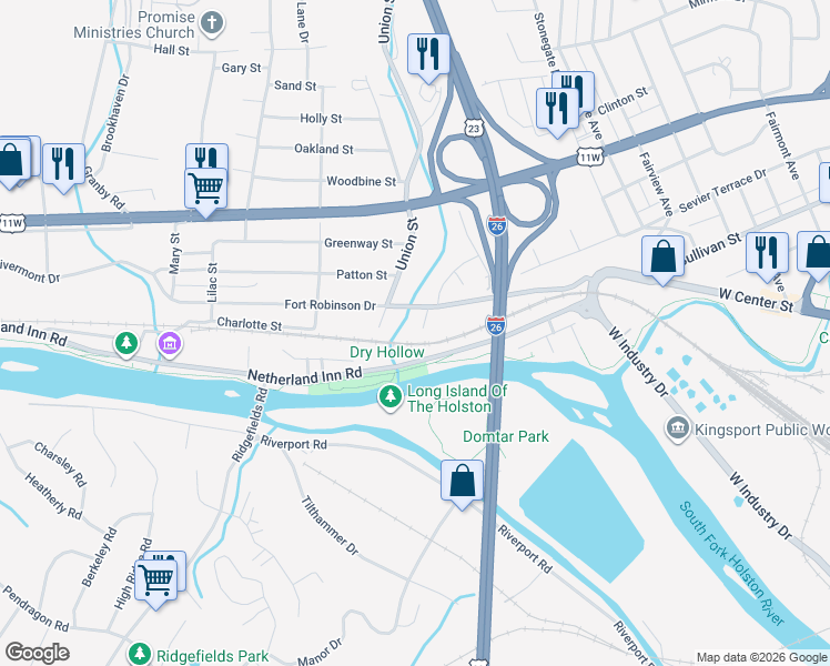 map of restaurants, bars, coffee shops, grocery stores, and more near 140 Bridge Street in Kingsport