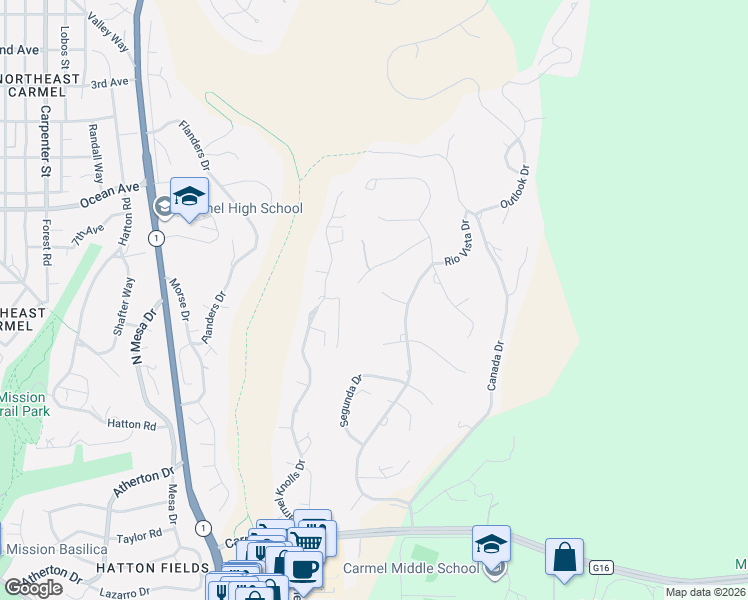 map of restaurants, bars, coffee shops, grocery stores, and more near 25580 Chiquito Place in Carmel