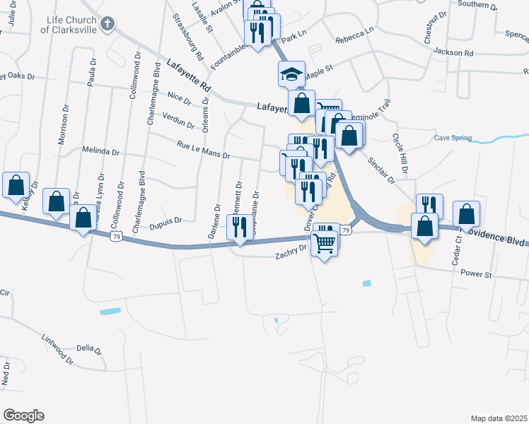 map of restaurants, bars, coffee shops, grocery stores, and more near 121 Stephanie Drive in Clarksville