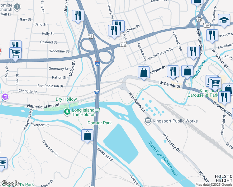map of restaurants, bars, coffee shops, grocery stores, and more near 1727 Keller St in Kingsport