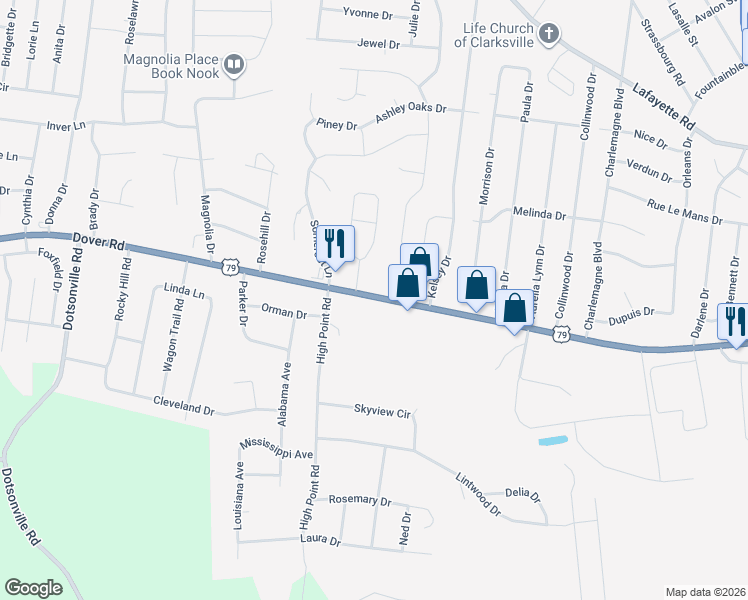 map of restaurants, bars, coffee shops, grocery stores, and more near 540 Tennessee 76 in Clarksville