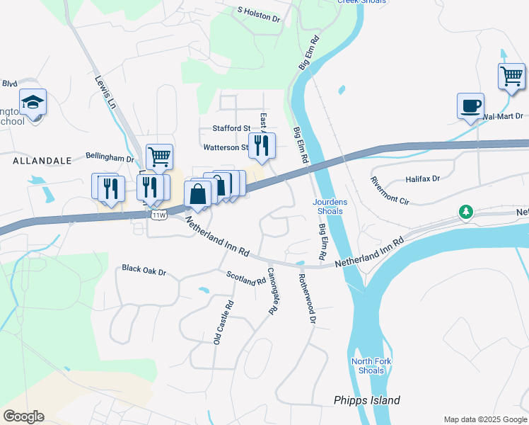 map of restaurants, bars, coffee shops, grocery stores, and more near 1000 Netherland Inn Lane in Kingsport