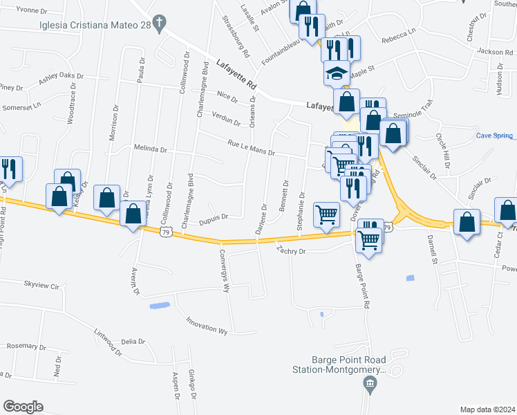 map of restaurants, bars, coffee shops, grocery stores, and more near 144 Darlene Drive in Clarksville