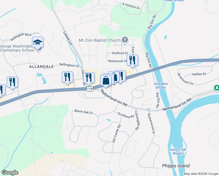 map of restaurants, bars, coffee shops, grocery stores, and more near 4225 West Stone Drive in Kingsport