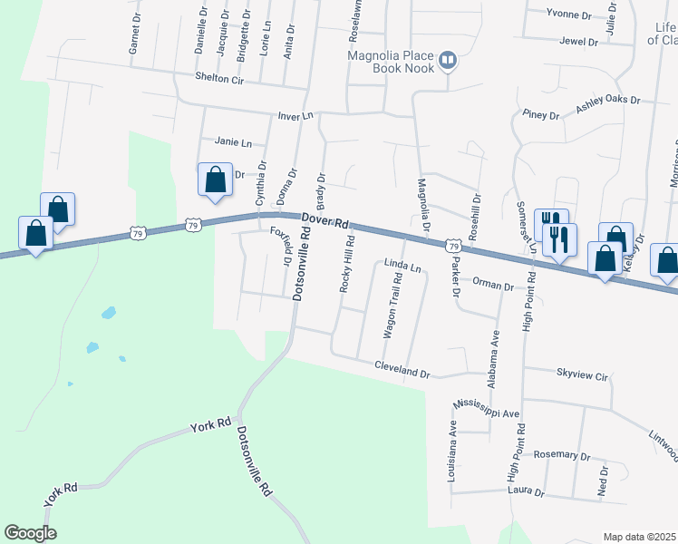 map of restaurants, bars, coffee shops, grocery stores, and more near 616 Rocky Hill Road in Clarksville
