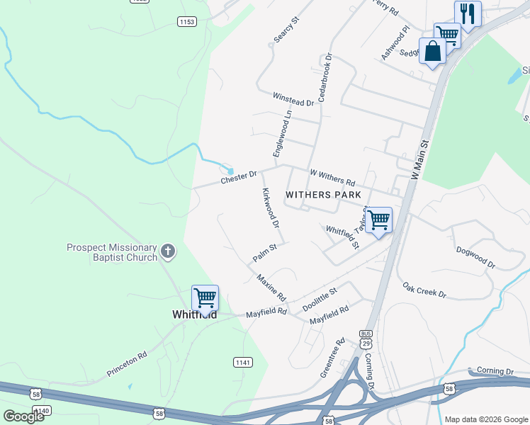 map of restaurants, bars, coffee shops, grocery stores, and more near 158 Kirkwood Drive in Danville