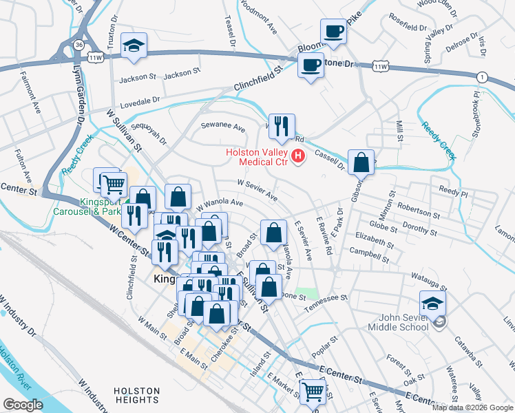 map of restaurants, bars, coffee shops, grocery stores, and more near 126 West Wanola Avenue in Kingsport