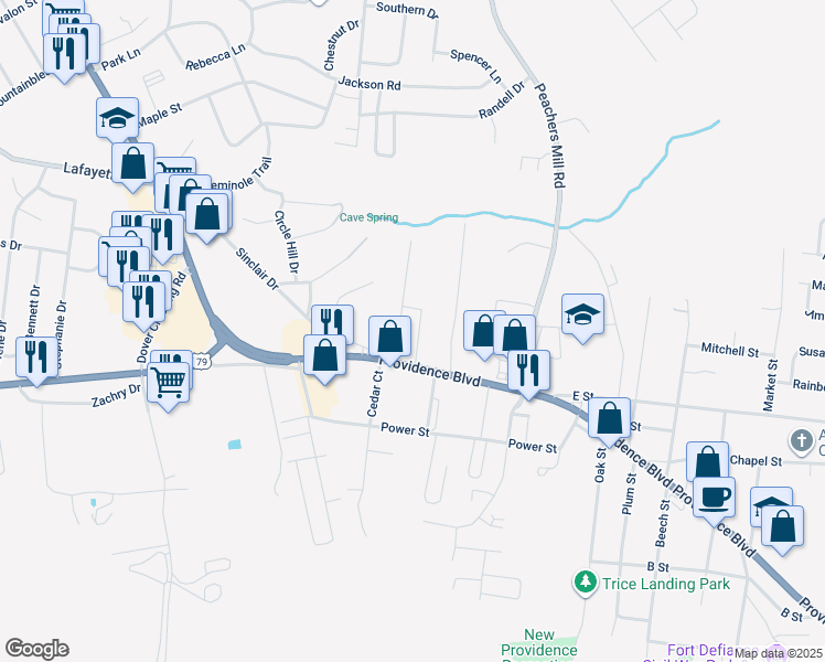 map of restaurants, bars, coffee shops, grocery stores, and more near 109 Adkins Street in Clarksville