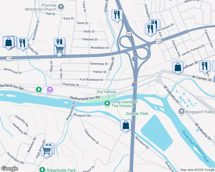 map of restaurants, bars, coffee shops, grocery stores, and more near 140 Bridge Street in Kingsport