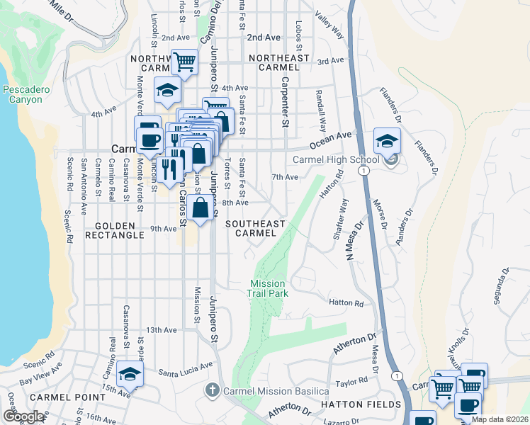 map of restaurants, bars, coffee shops, grocery stores, and more near 11 Vizcaino Avenue in Carmel-by-the-Sea