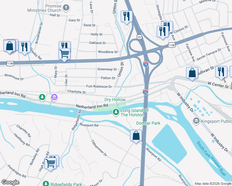 map of restaurants, bars, coffee shops, grocery stores, and more near 140 Bridge Street in Kingsport