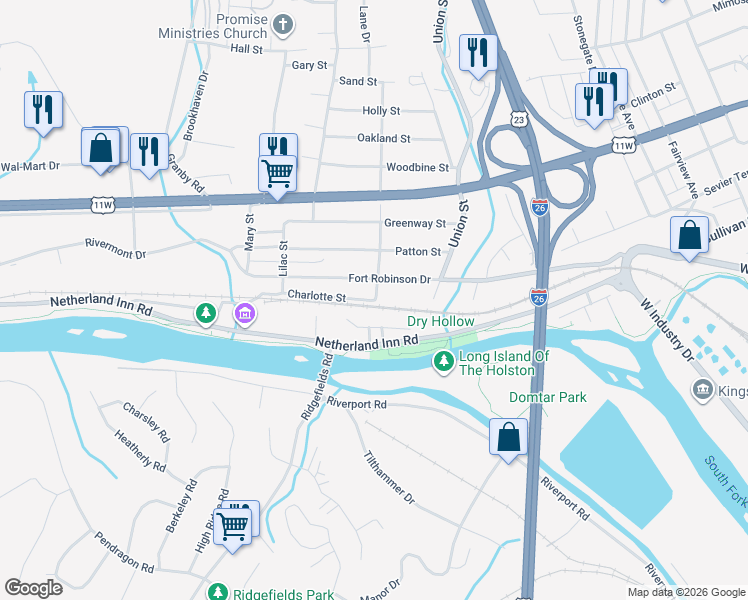 map of restaurants, bars, coffee shops, grocery stores, and more near 1929 Fort Robinson Drive in Kingsport