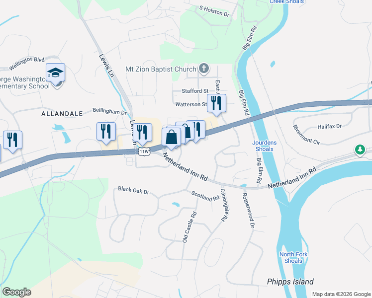 map of restaurants, bars, coffee shops, grocery stores, and more near 4225 W Stone Dr in Kingsport