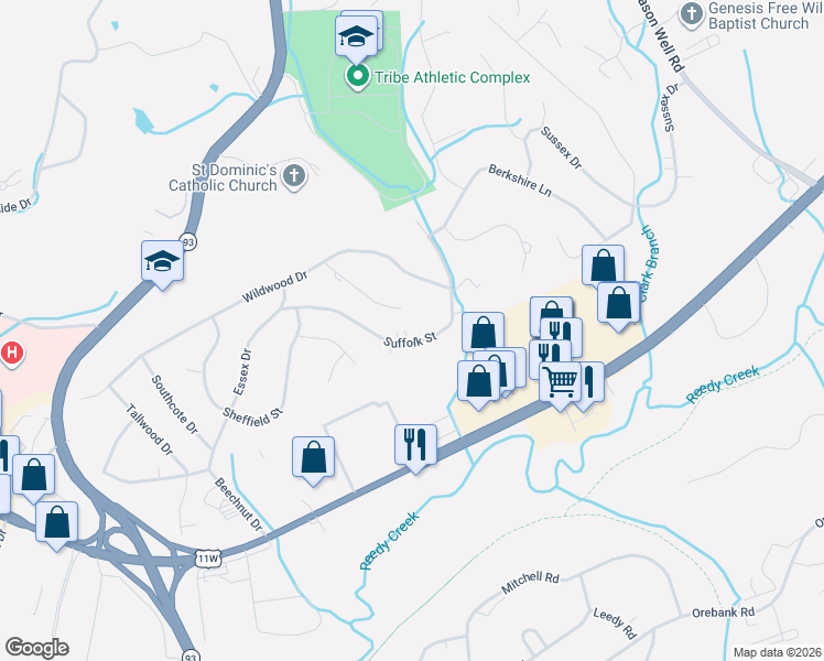 map of restaurants, bars, coffee shops, grocery stores, and more near 2640 Suffolk Street in Kingsport