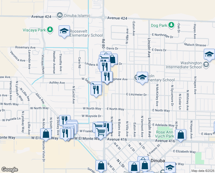 map of restaurants, bars, coffee shops, grocery stores, and more near 757 N Nichols Ave in Dinuba