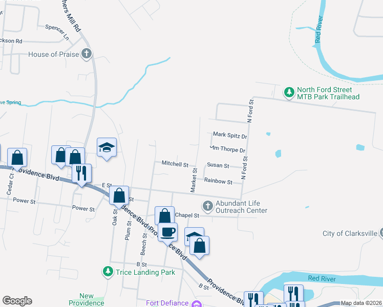 map of restaurants, bars, coffee shops, grocery stores, and more near 100 Bradford Alley in Clarksville