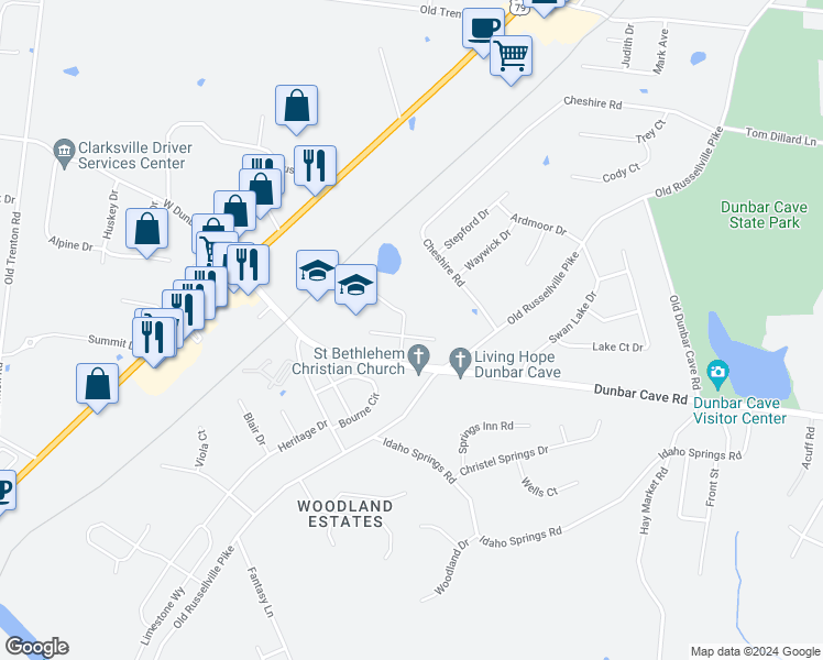 map of restaurants, bars, coffee shops, grocery stores, and more near 230 Timber Lake Drive in Clarksville