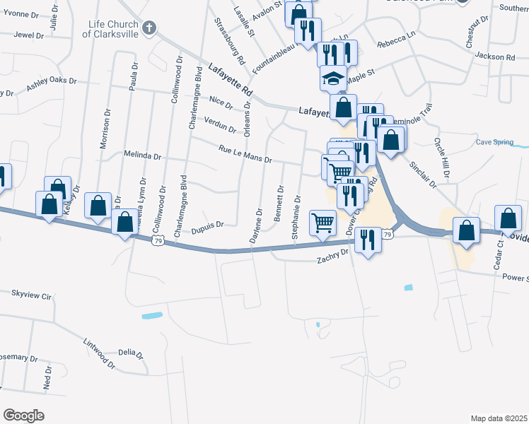 map of restaurants, bars, coffee shops, grocery stores, and more near 120 Bennett Drive in Clarksville
