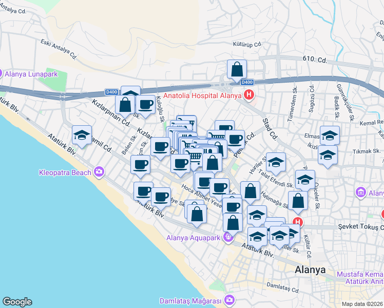 map of restaurants, bars, coffee shops, grocery stores, and more near 8 Özmüftüoğlu Sokak in Alanya