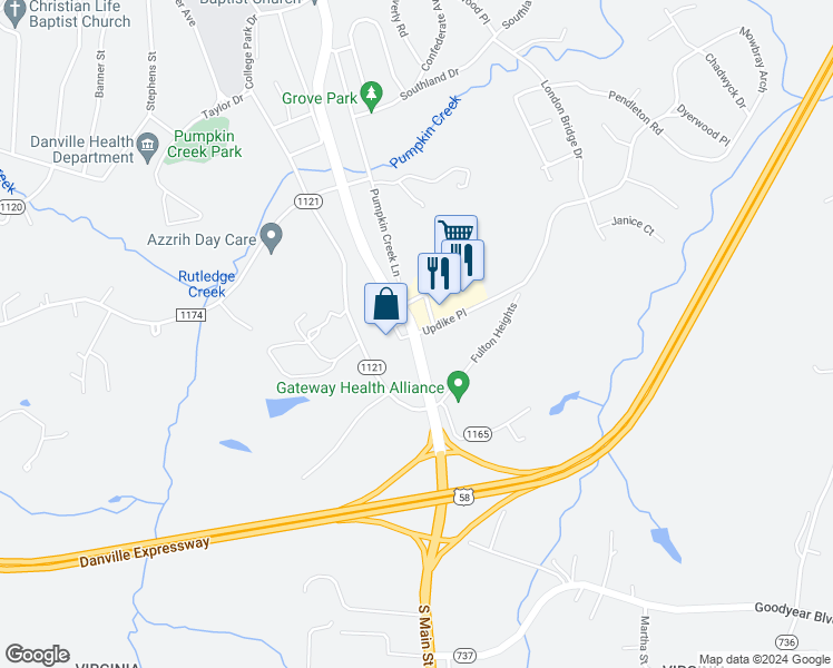 map of restaurants, bars, coffee shops, grocery stores, and more near 1403 South Main Street in Danville