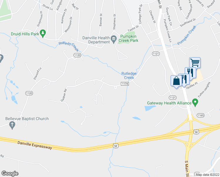 map of restaurants, bars, coffee shops, grocery stores, and more near 1023 Lockett Drive in Danville